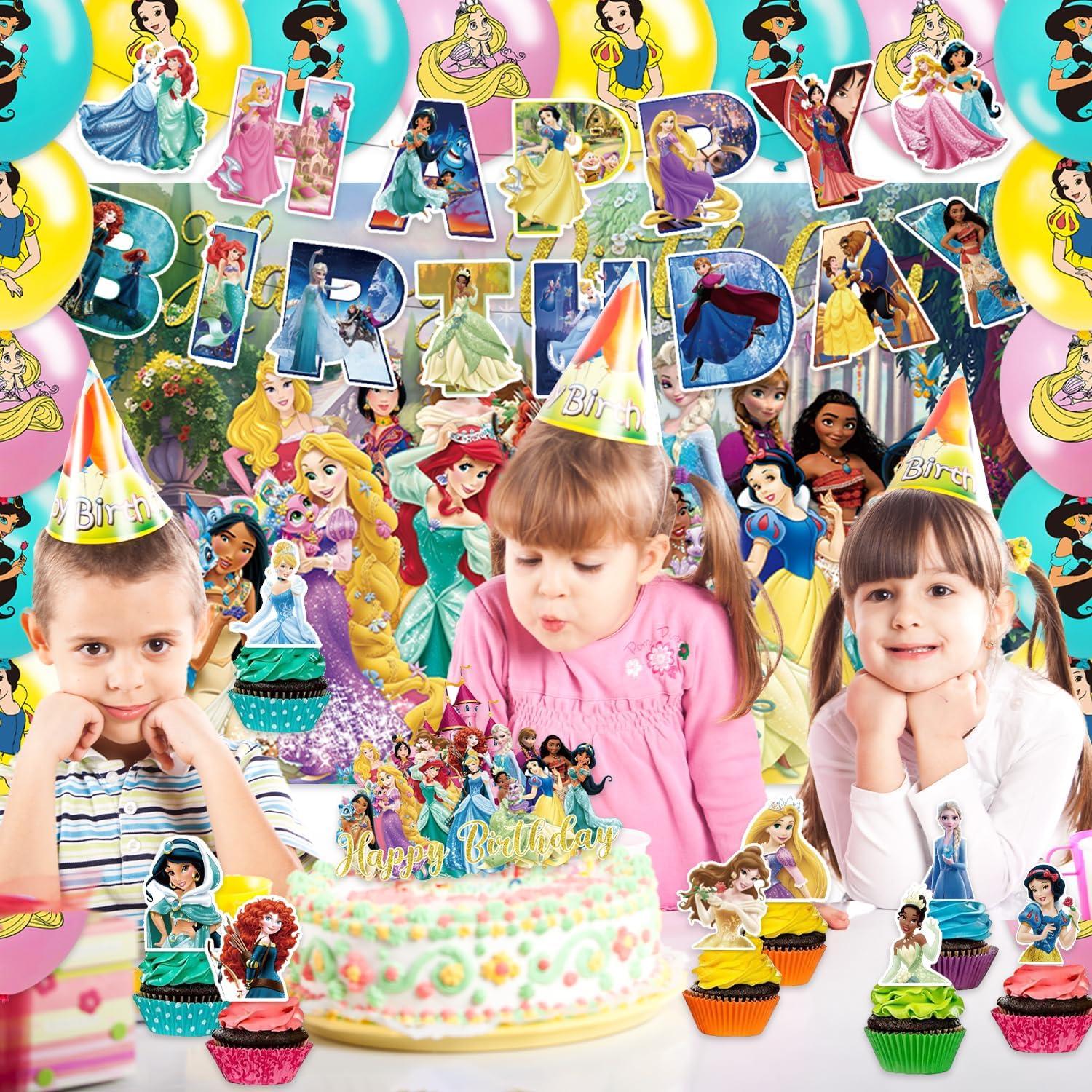 42pcs Princess Party Plates Supplies Pack Includes，Banner，Cake Topper，Blackdrop,Balloons for Princess party decoration