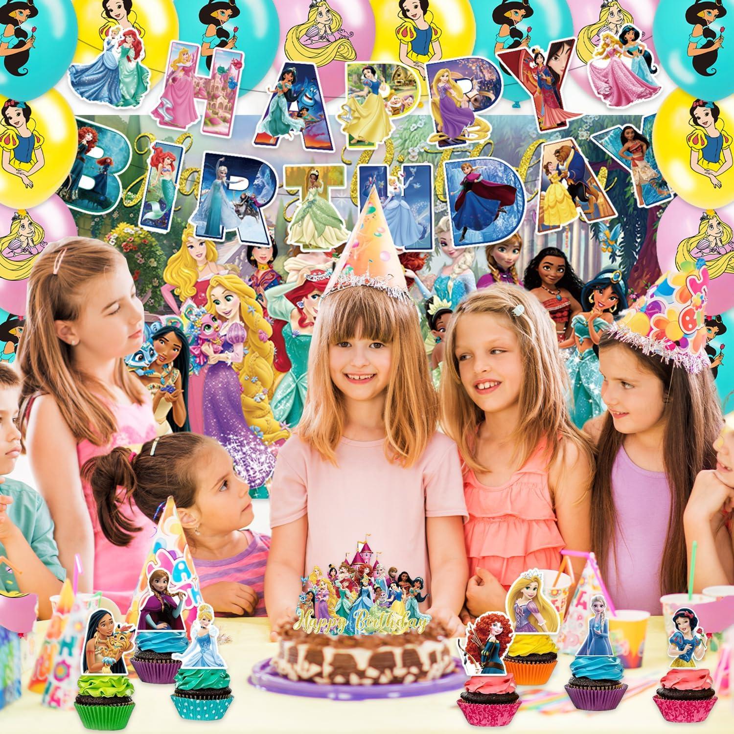 42pcs Princess Party Plates Supplies Pack Includes，Banner，Cake Topper，Blackdrop,Balloons for Princess party decoration