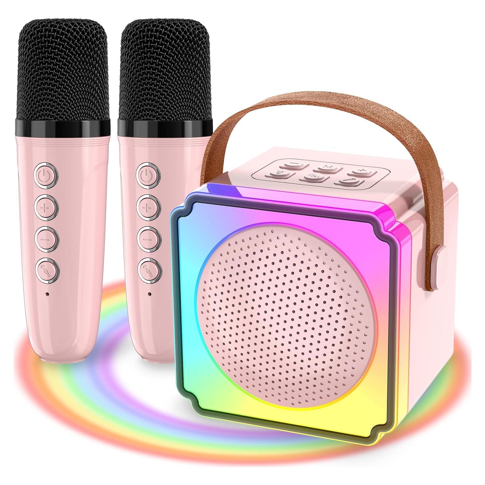 Mini Máquina de Karaoke Rosa P8 Bluetooth 5.3 2 Micrófonos