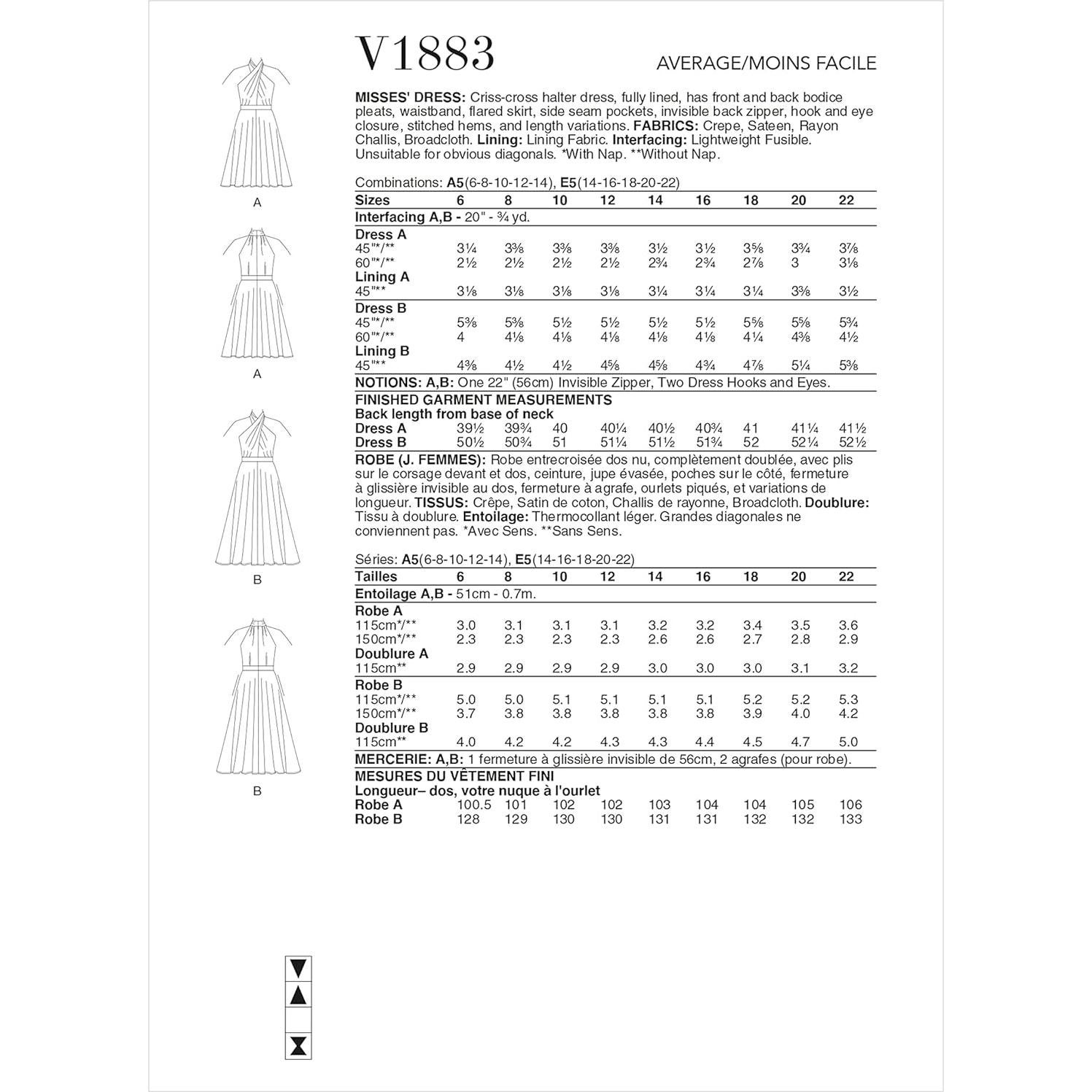 Patrón de costura vestido halter Vogue V1883 tallas 6-14