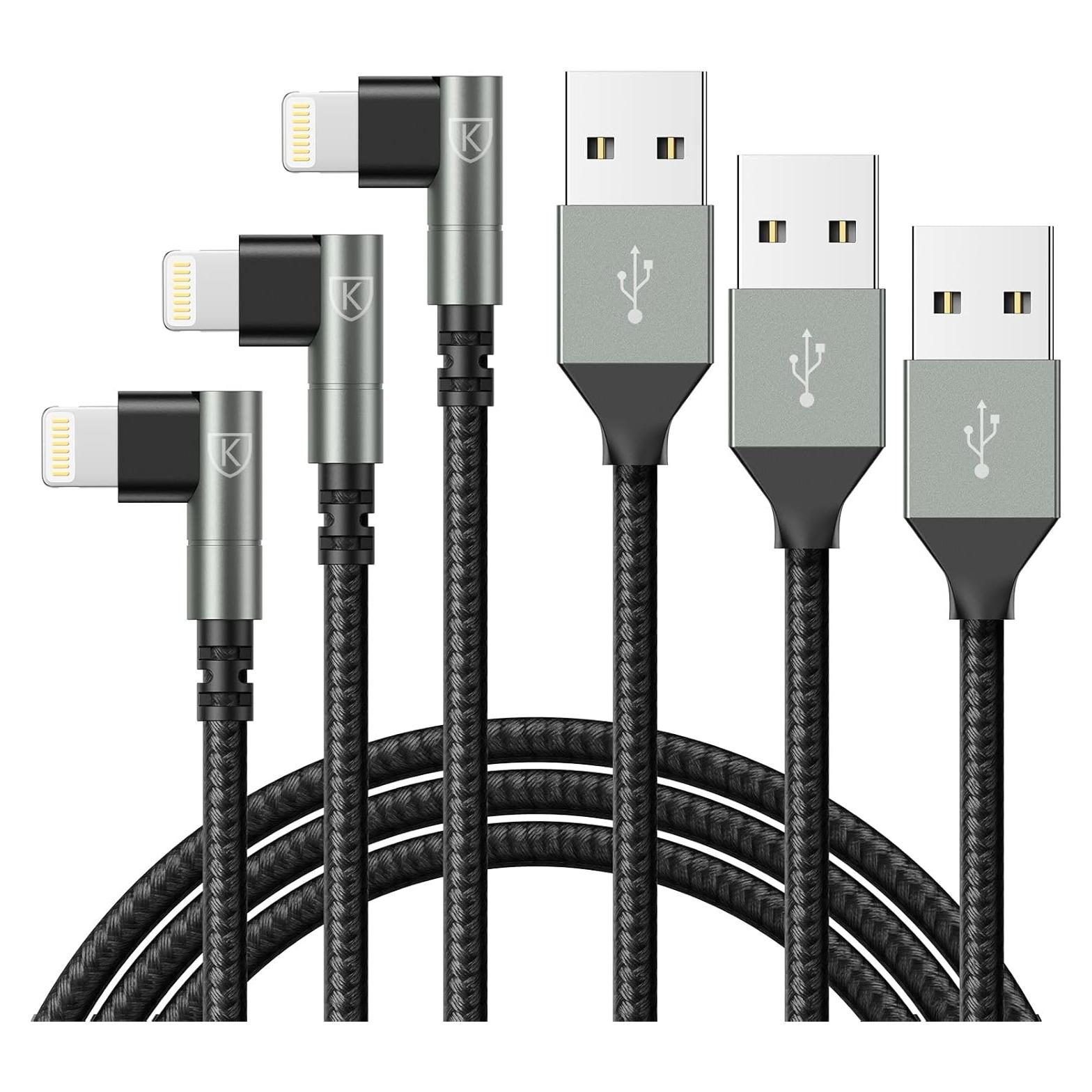 Cargador iPhone 90 Grados KIYODA 2m Carga Rápida 3Pack