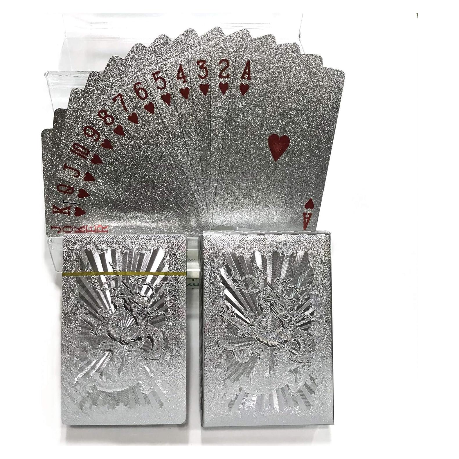 IvyMei 2 Paquetes de Cartas de Póker Dragón Plateadas PVC
