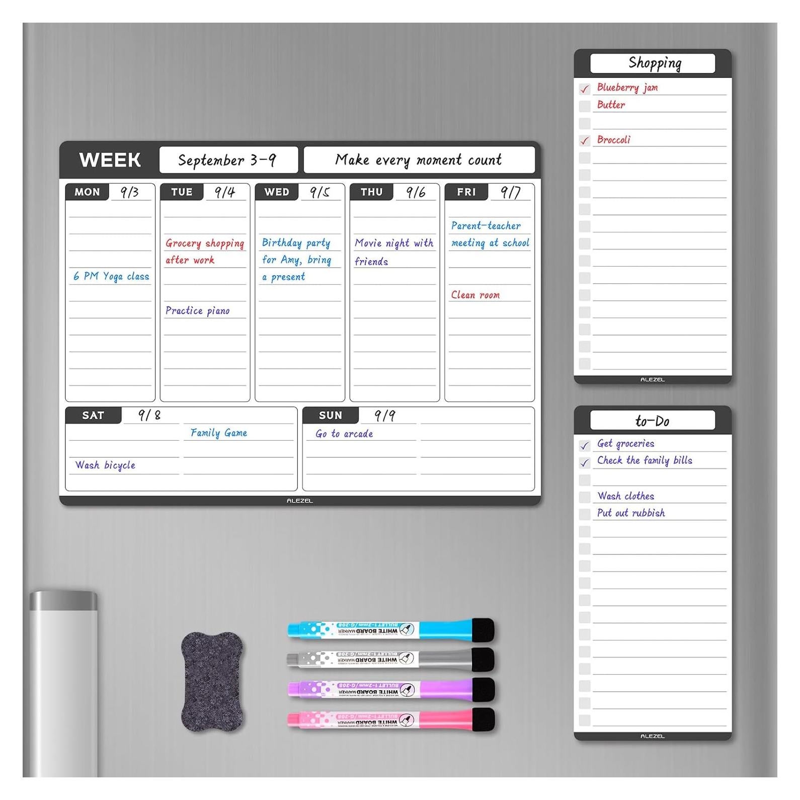 Planificador Magnético Semanal ALEZEL 33x25.4cm con 4 Marcadores