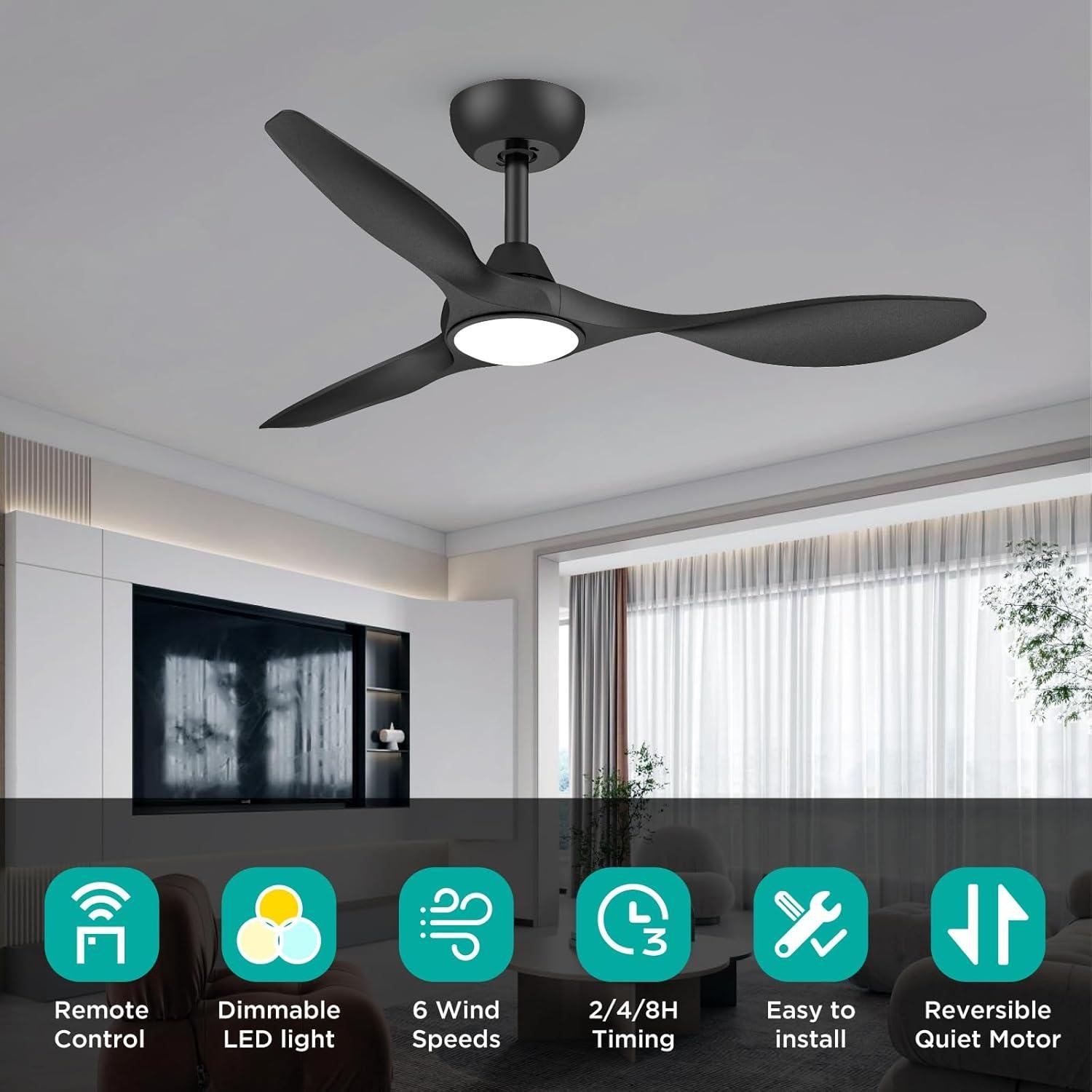 Ventilador de Techo Roomratv 106cm Negro con Luz LED y Control Remoto