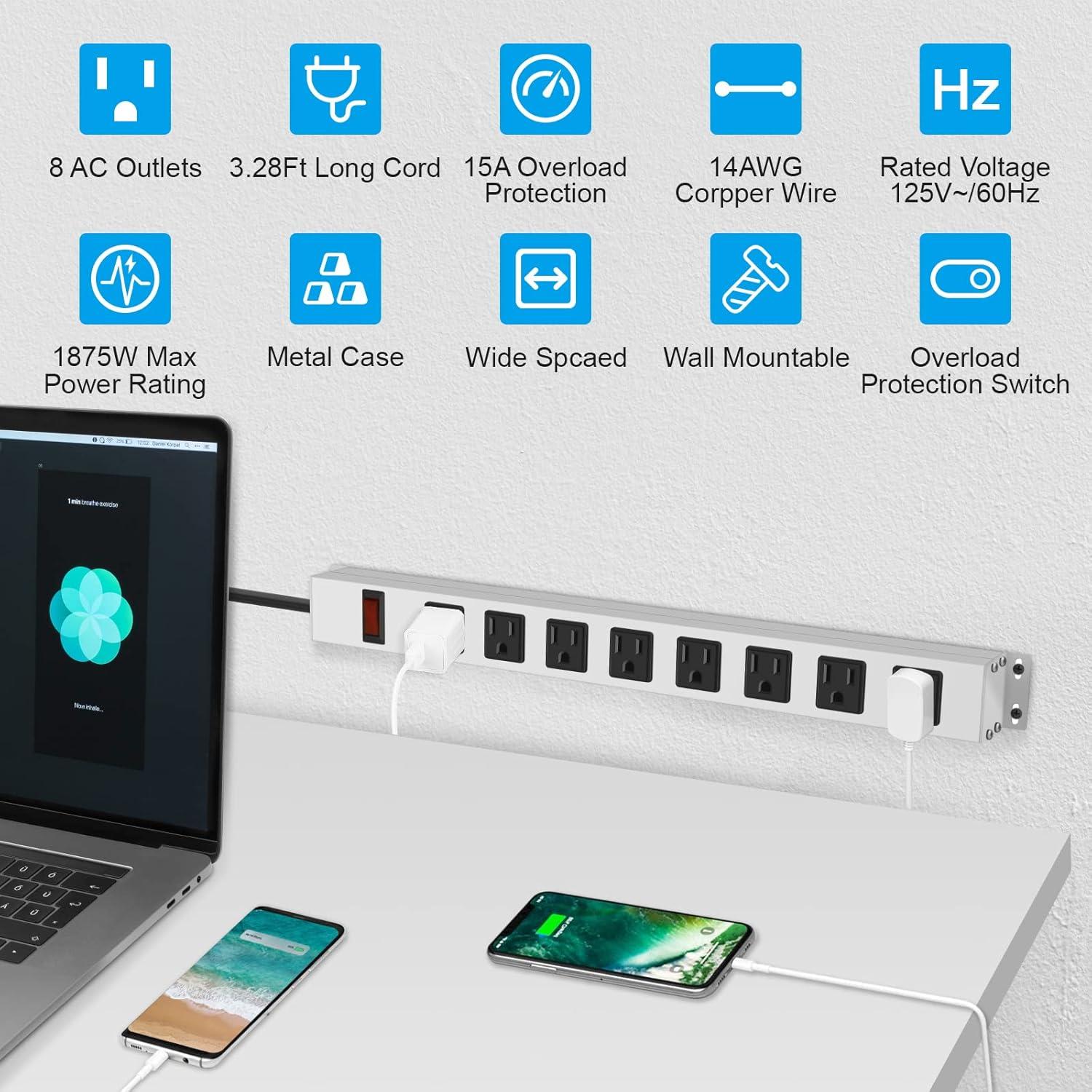 Tira de Energía de Metal JUNNUJ 8 Salidas 15A 125V 1875W