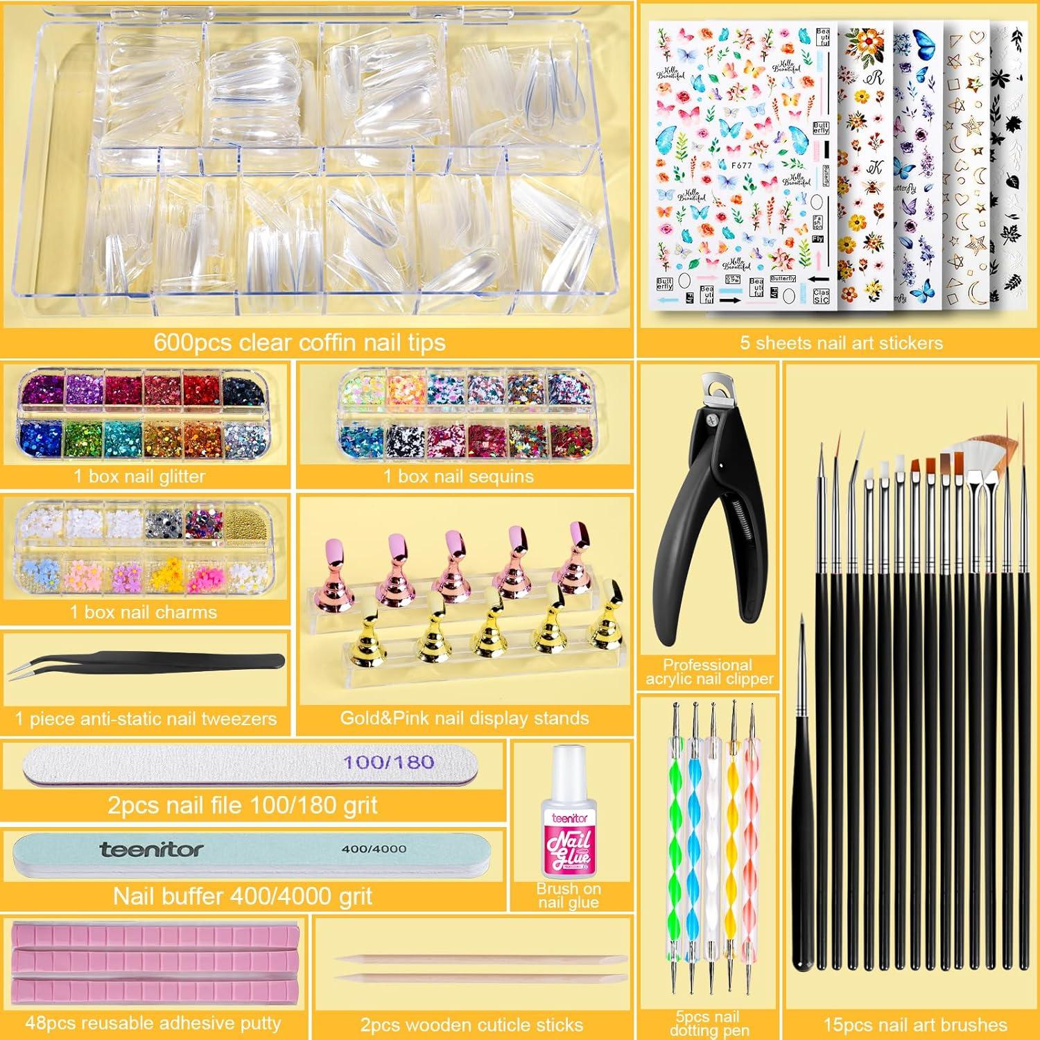 Kit de Uñas Postizas Teenitor - 600 Consejos Transparentes y Accesorios