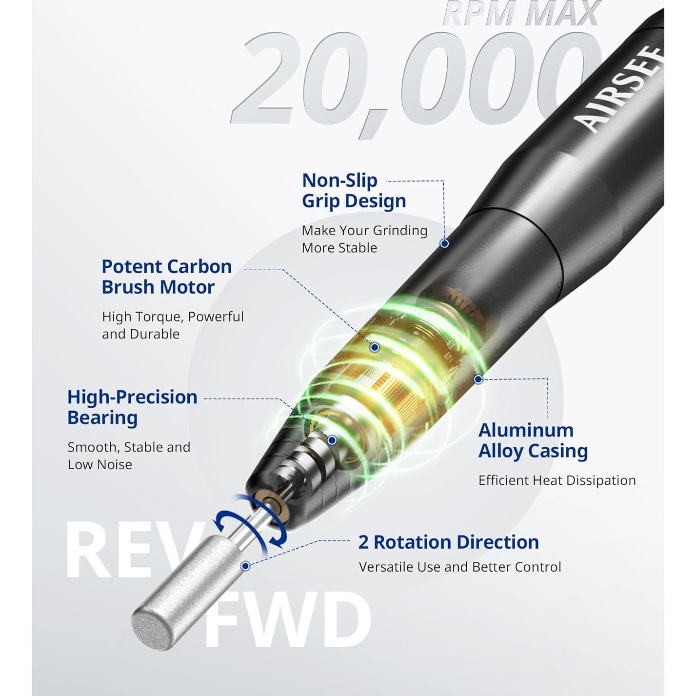 Lima de Uñas Eléctrica AIRSEE Portátil con Adaptador Negro