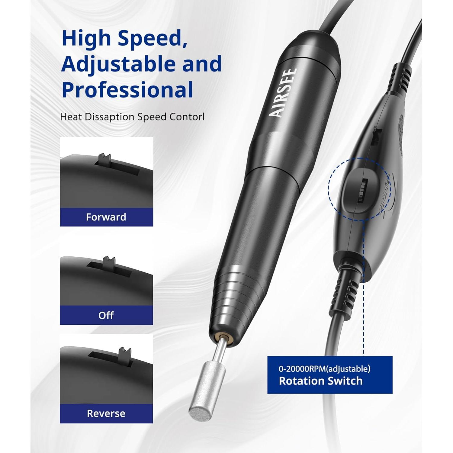 Lima de Uñas Eléctrica AIRSEE Portátil con Adaptador Negro