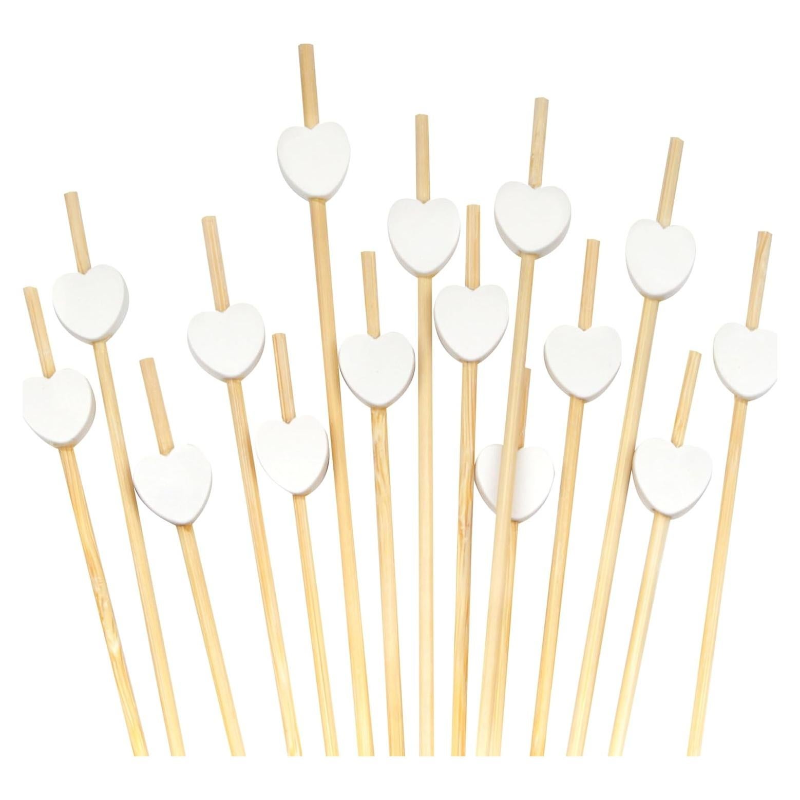 Palillos de Bambú Decorativos en Forma de Corazón Blanco 100 Pzas