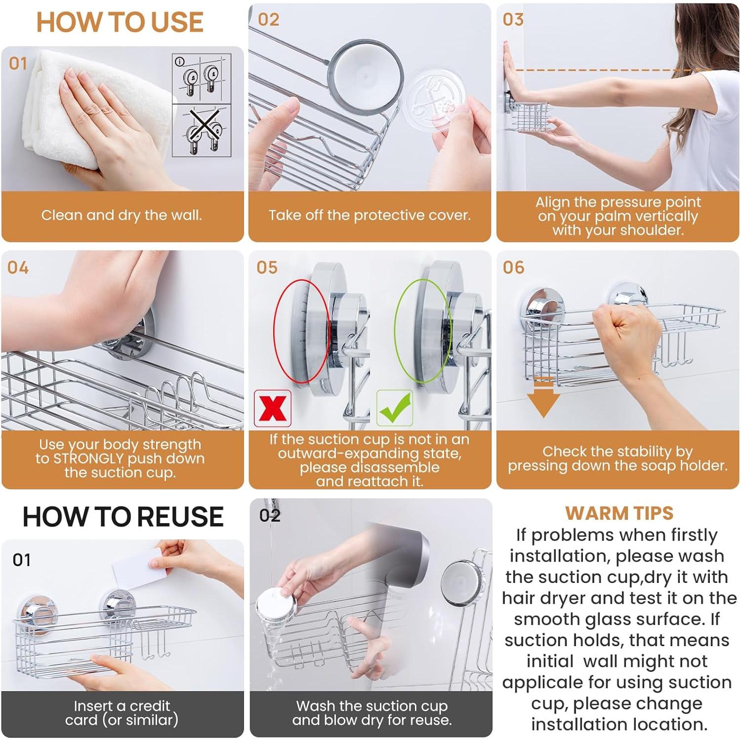 Caddy de Ducha LEVERLOC con Ventosa y Ganchos, Plata