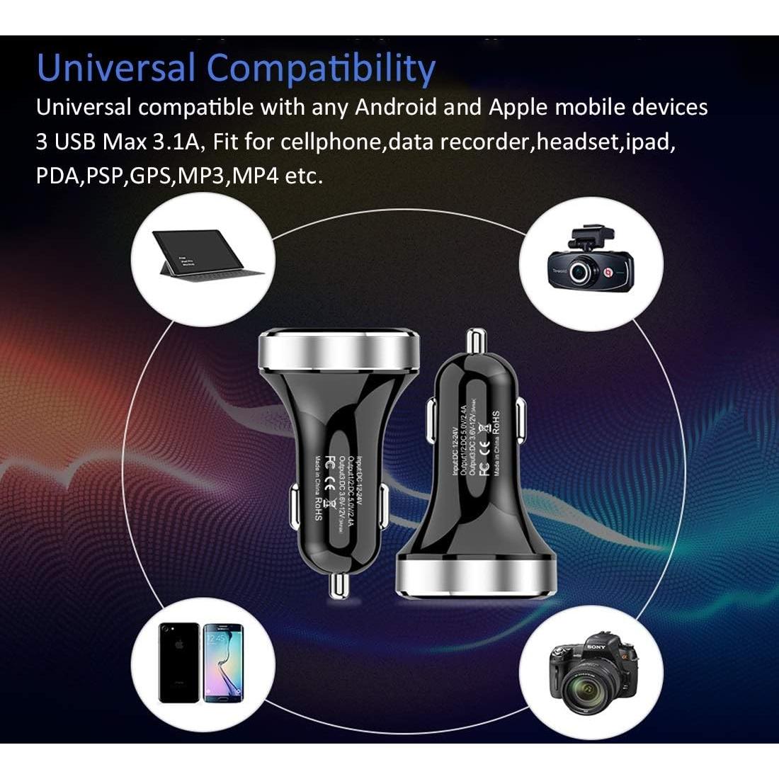 Cargador de Coche LIHAN 3 USB QC3.0 4.8A 12V/24V Plata