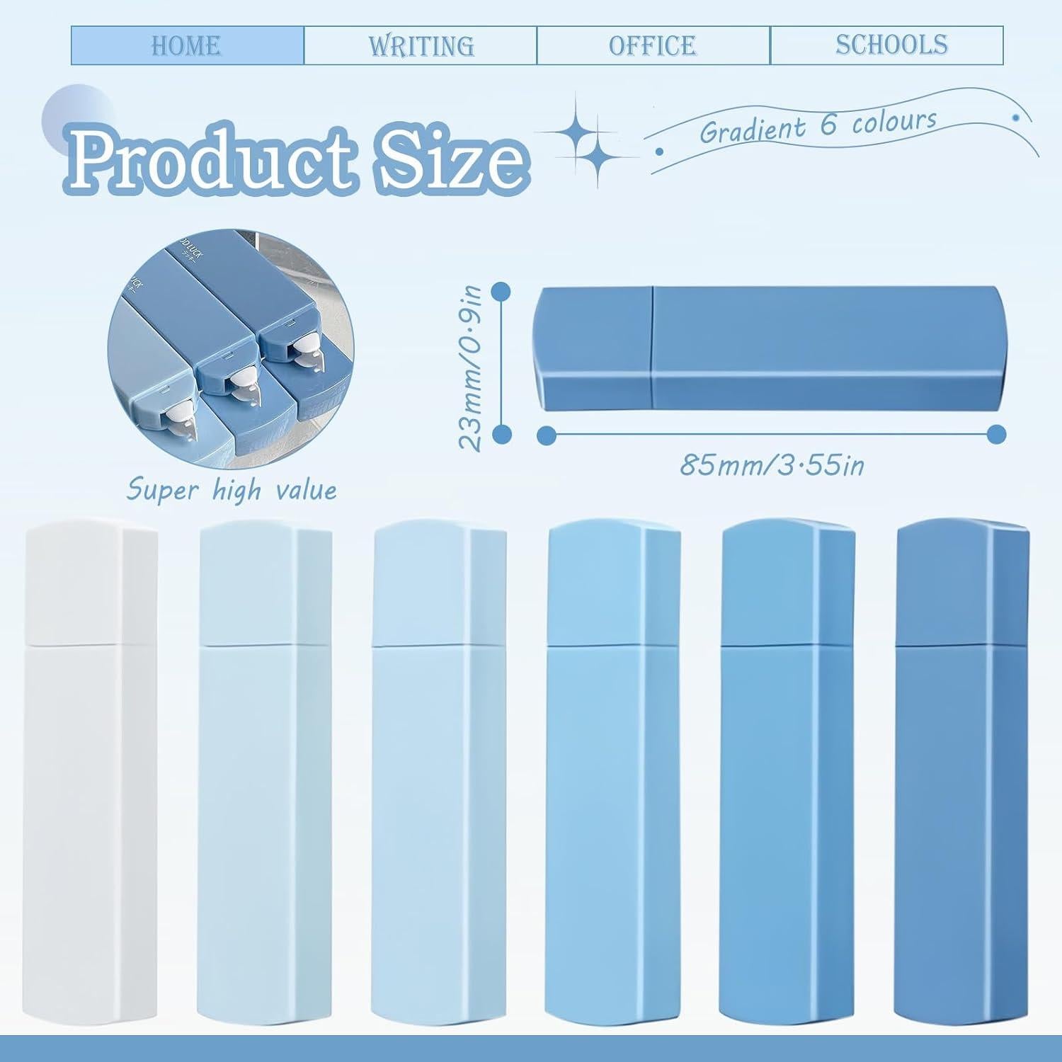 Cinta Correctora Huakaile 6 Pack Azul Gradiente 8.5x2.2cm