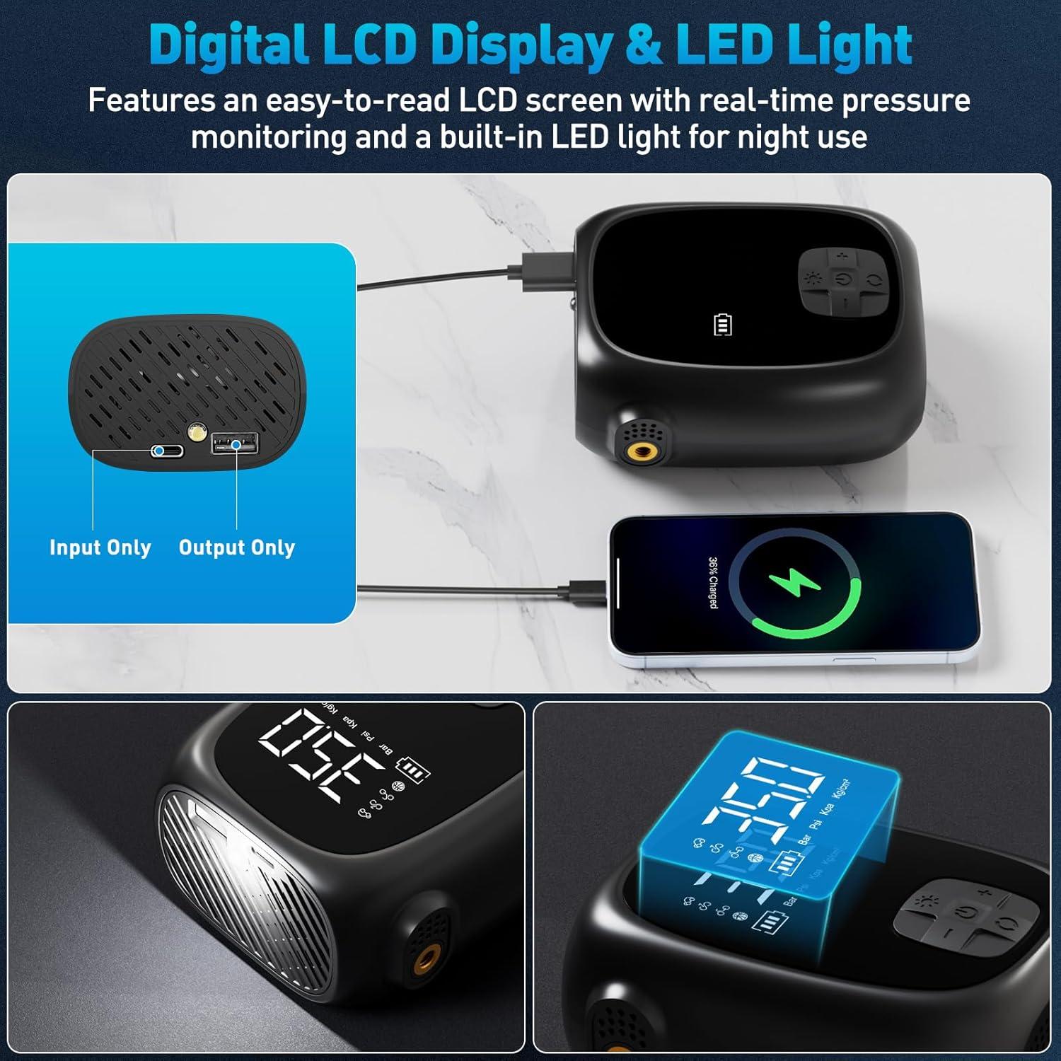 Compresor de Aire Portátil Evjeal 60W con Pantalla LED y USB