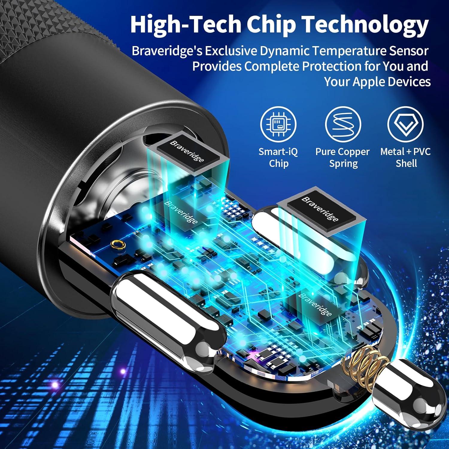 Cargador Rápido para Auto Braveridge 66W MFi + 2 Cables Lightning