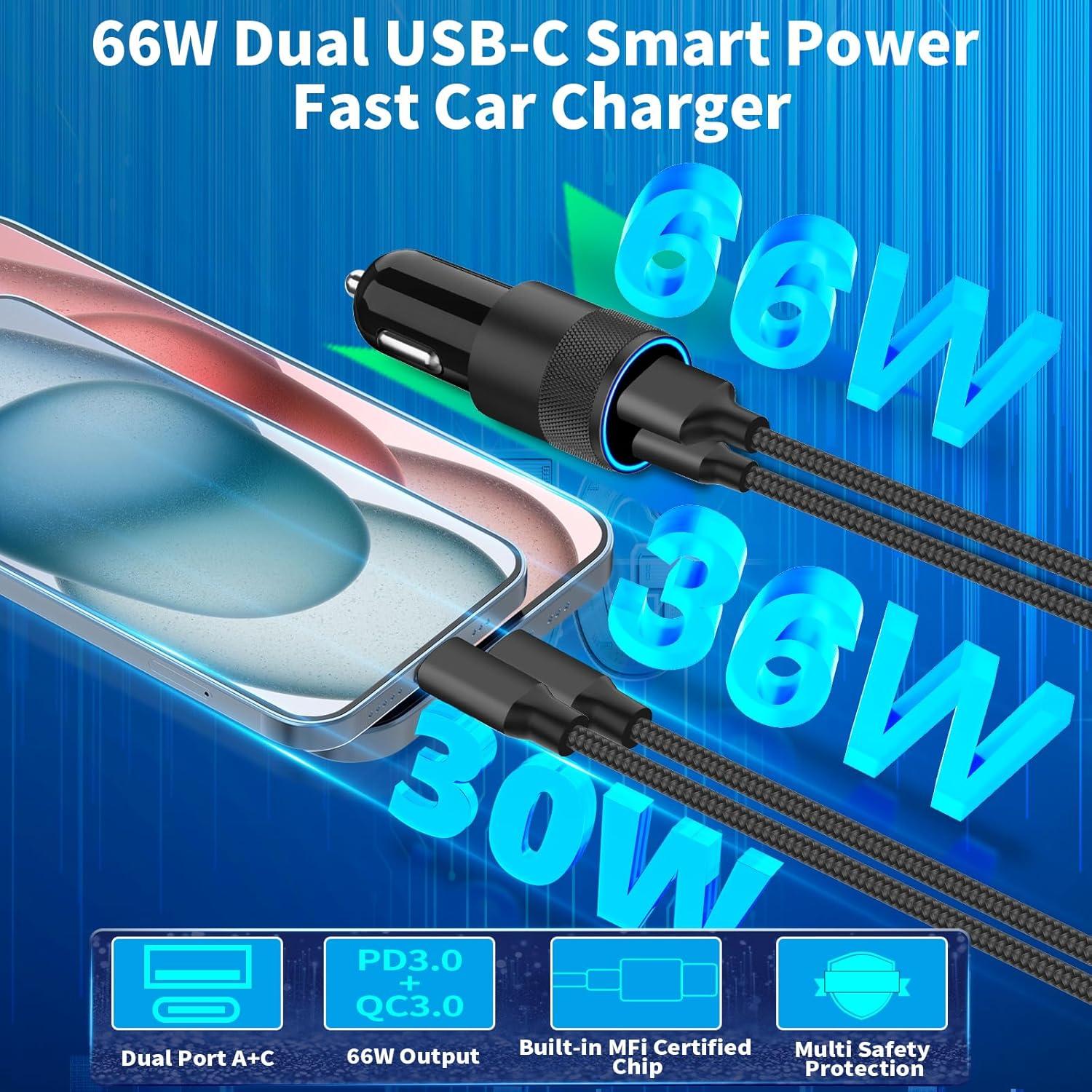 Cargador Rápido para Auto Braveridge 66W MFi + 2 Cables Lightning