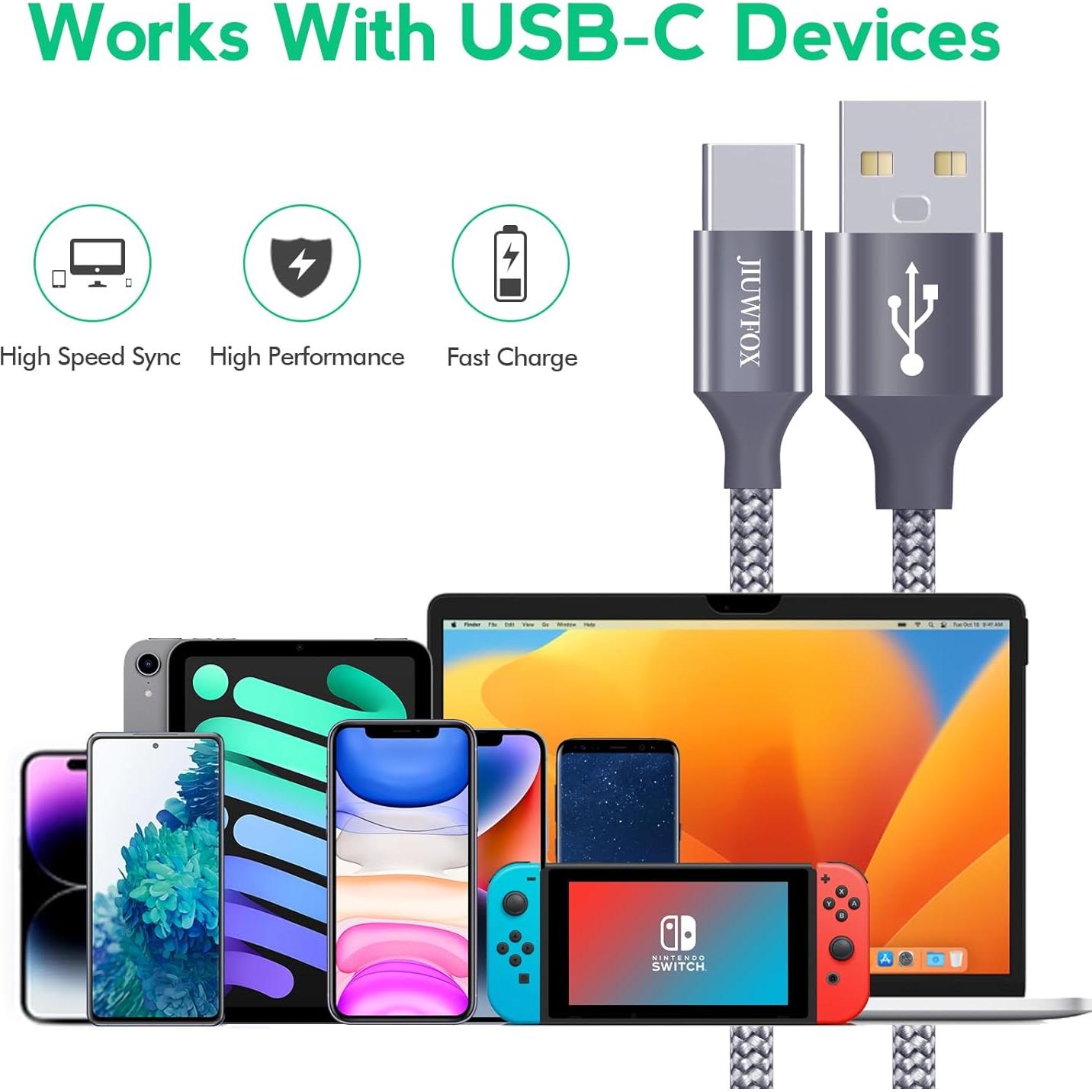 Cable USB a USB C 0.91m JIUWFOX 5-Pack Carga Rápida