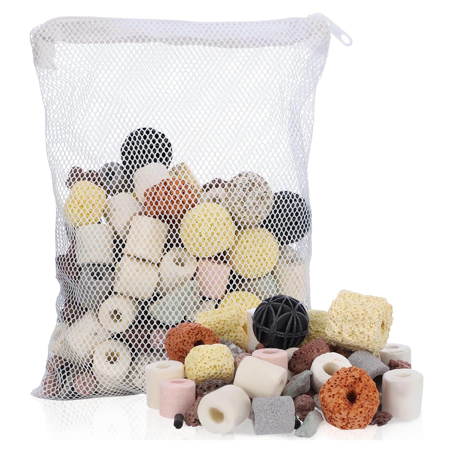 Segarty Filter Media,12 in 1 Bio Media for Aquarium Sump Filter Ceramic Rings Activated Carbon Bio Balls Freshwater Marine Biological Filter Media for Koi Fish Tank Pond Canister (1.1lb with Mesh Bag)