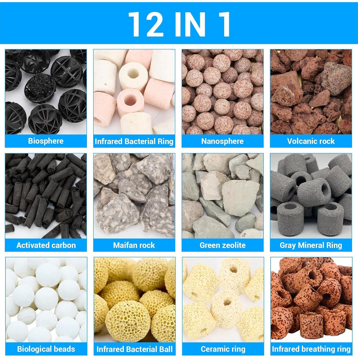 Segarty Filter Media,12 in 1 Bio Media for Aquarium Sump Filter Ceramic Rings Activated Carbon Bio Balls Freshwater Marine Biological Filter Media for Koi Fish Tank Pond Canister (1.1lb with Mesh Bag)