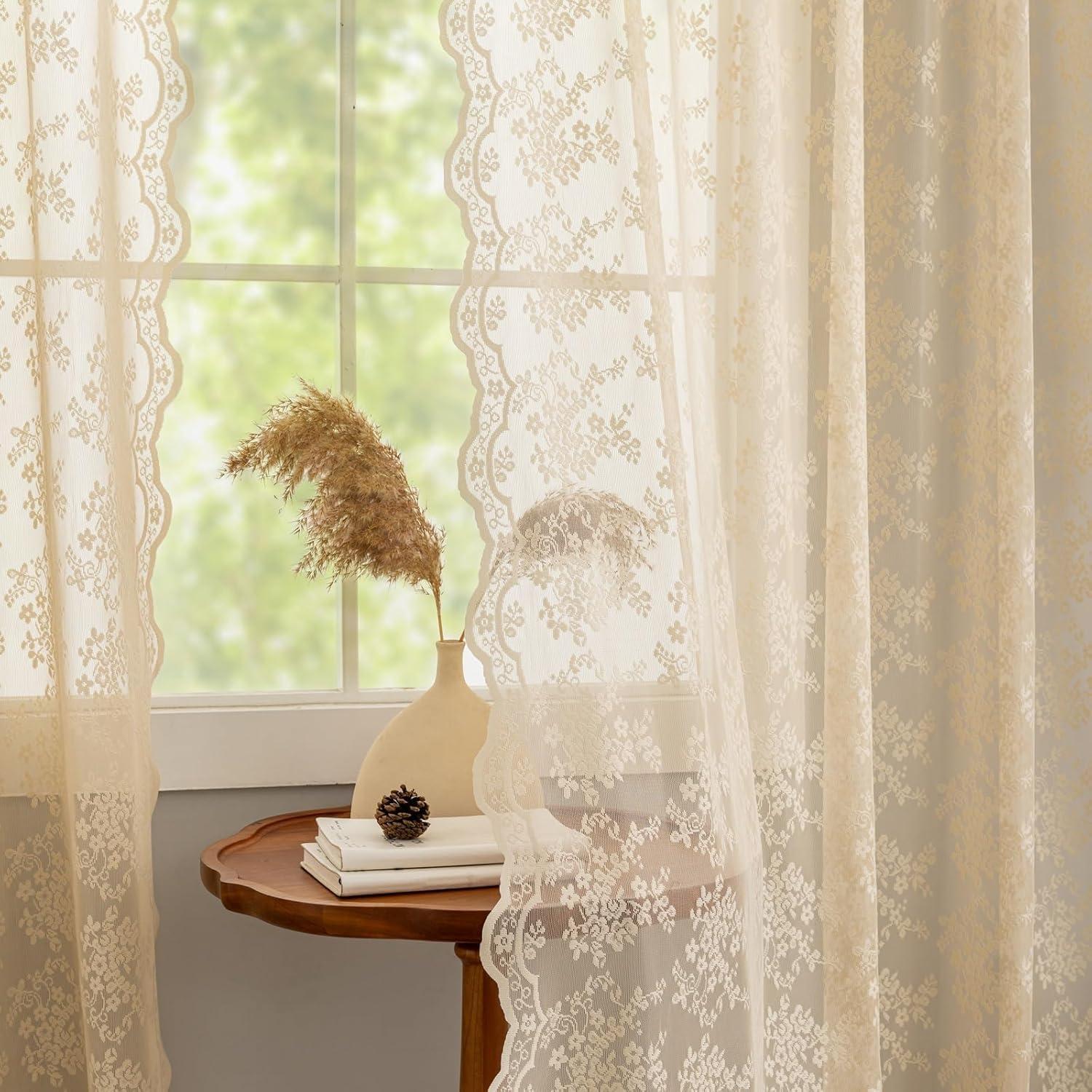 Cortinas Transparentes Beige YJ YANJUN 132.1x114.3 cm 2 Paneles Floral