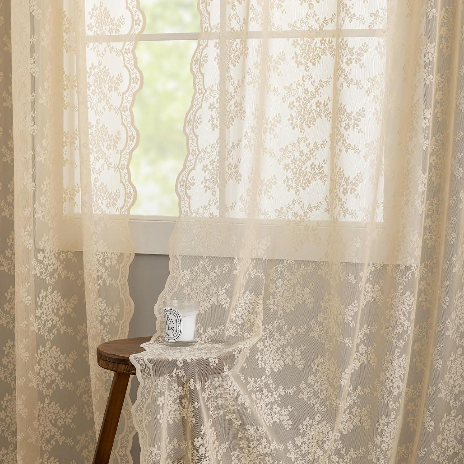 Cortinas Transparentes Beige YJ YANJUN 132.1x114.3 cm 2 Paneles Floral