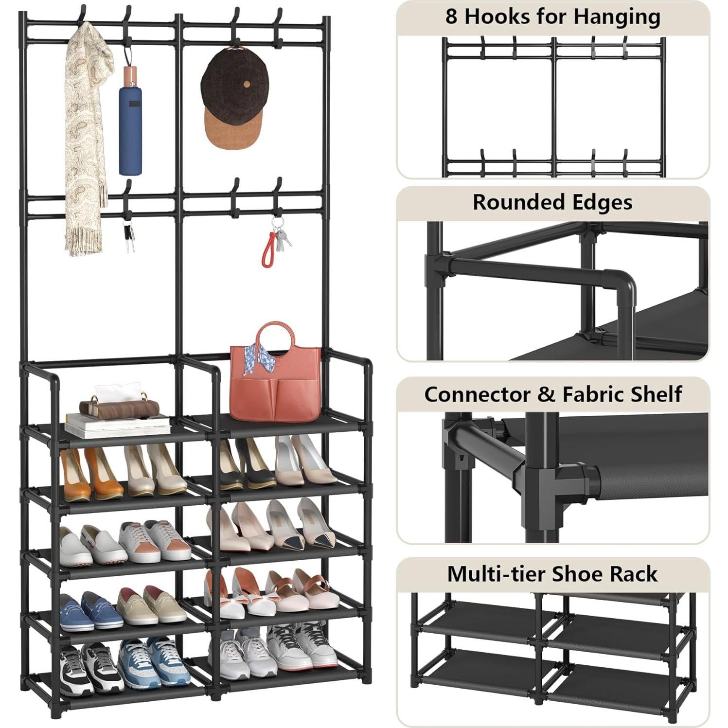 Perchero y Zapatero Laiensia Negro 5 Niveles 8 Ganchos