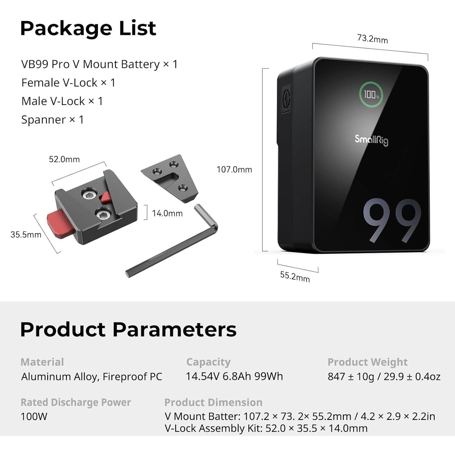Batería V Mount SMALLRIG VB99 Pro 99Wh 6800mAh Carga 2.5H