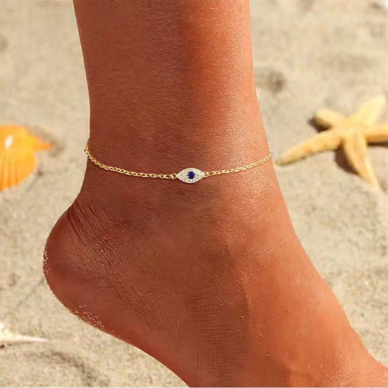 Tobillera de Ojo Maligno Oro 14K para Mujeres - Ajustable