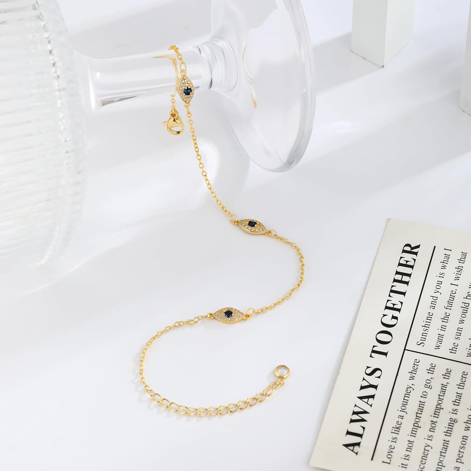 Tobillera de Ojo Maligno Oro 14K para Mujeres - Ajustable