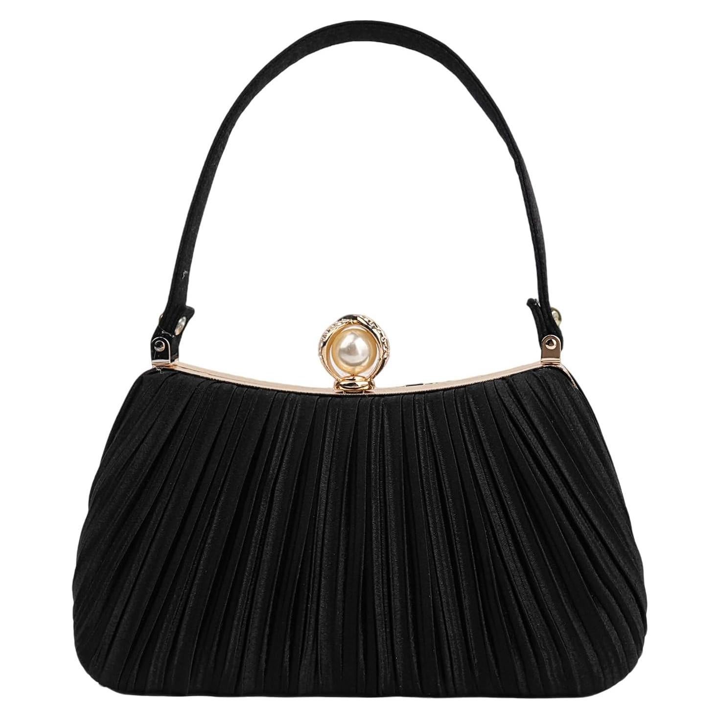Bolso de mano de noche de perlas negro para mujeres 22x8x14 cm