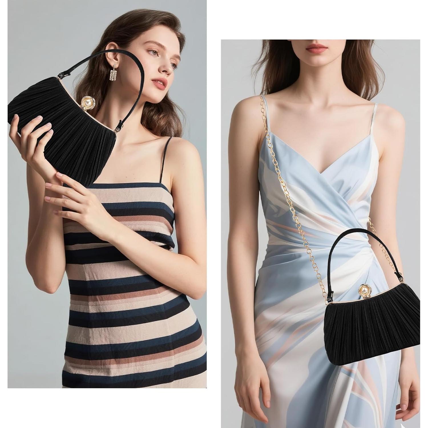 Bolso de mano de noche de perlas negro para mujeres 22x8x14 cm