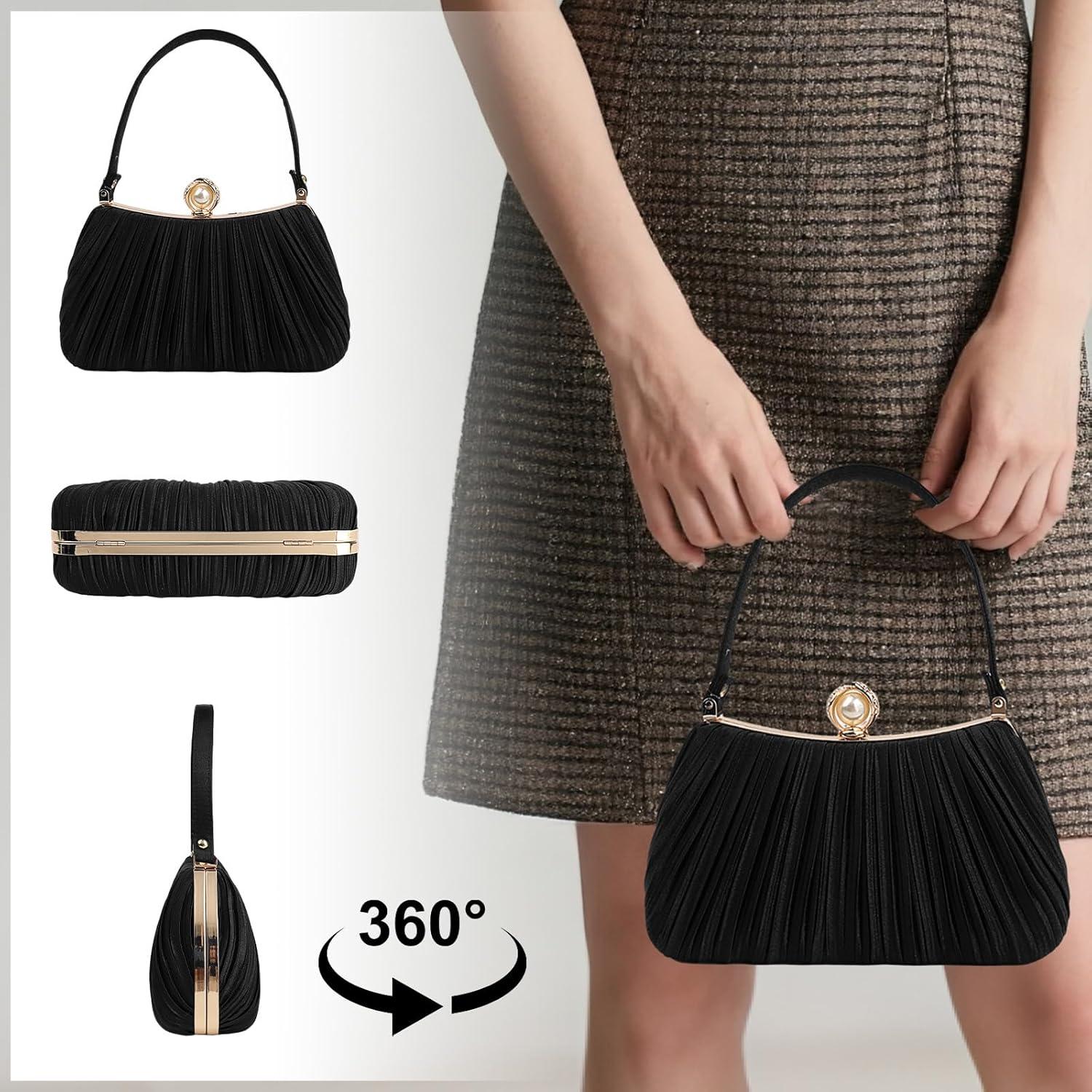 Bolso de mano de noche de perlas negro para mujeres 22x8x14 cm