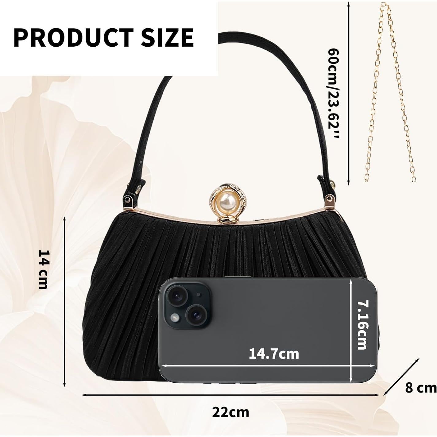 Bolso de mano de noche de perlas negro para mujeres 22x8x14 cm