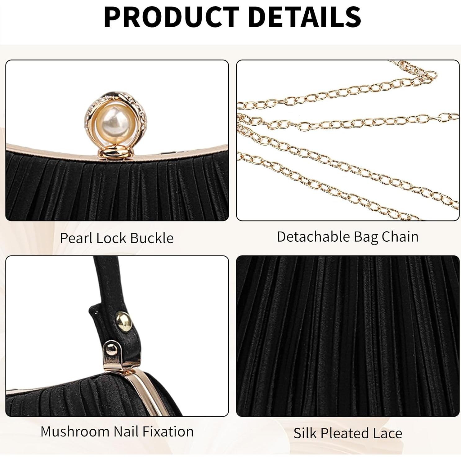 Bolso de mano de noche de perlas negro para mujeres 22x8x14 cm