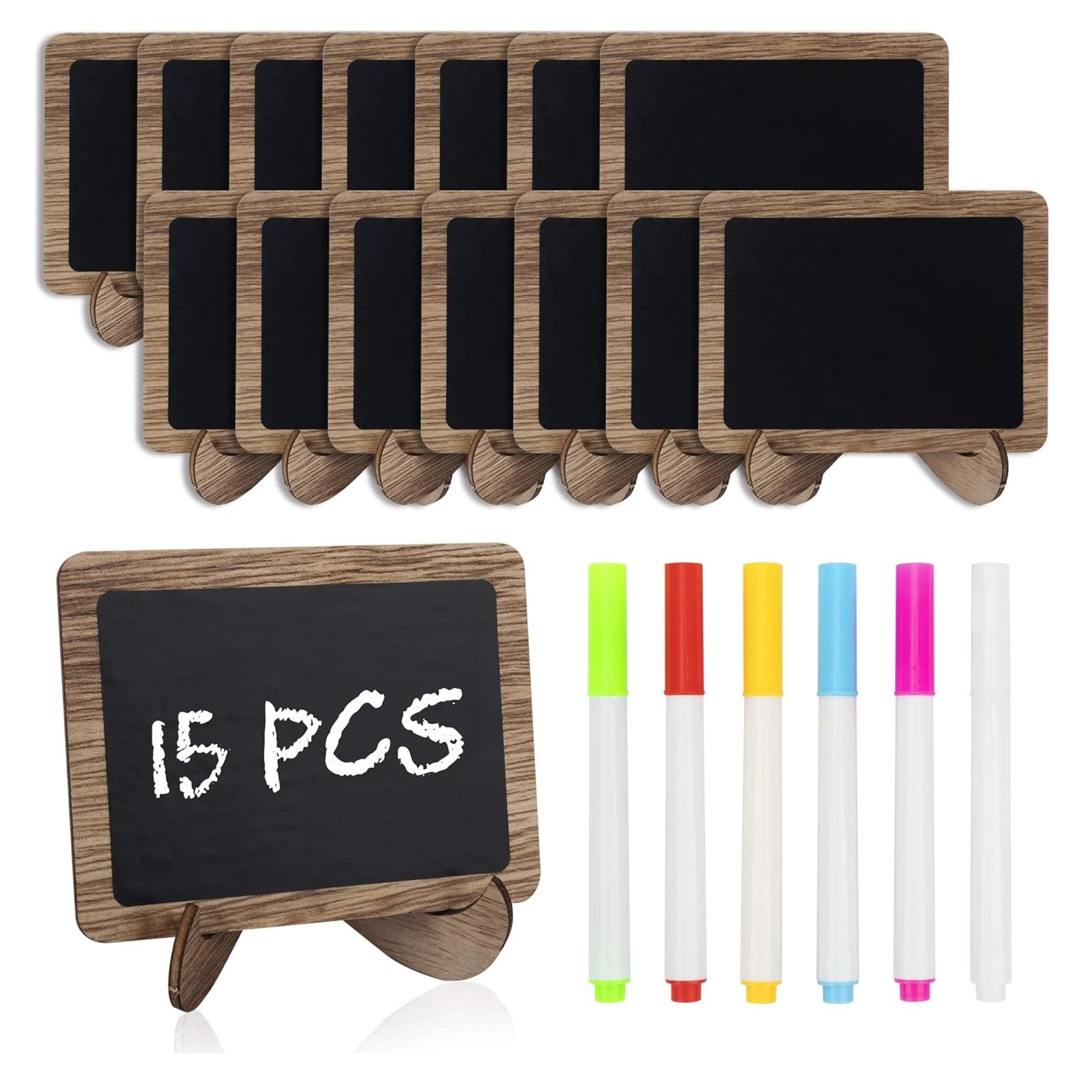Temlum Mini Carteles de Tiza 15 Pcs con 6 Marcadores - Madera 10x7.5 cm