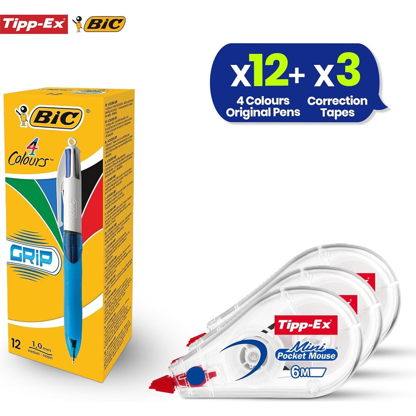 Paquete de 12 bolígrafos BIC 4 colores y 3 cintas Tipp-Ex