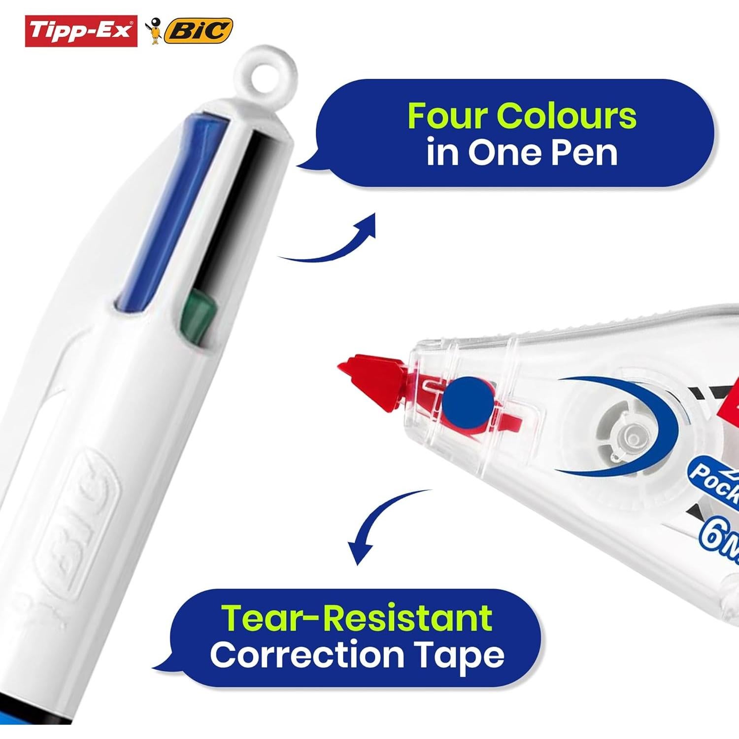 Paquete de 12 bolígrafos BIC 4 colores y 3 cintas Tipp-Ex