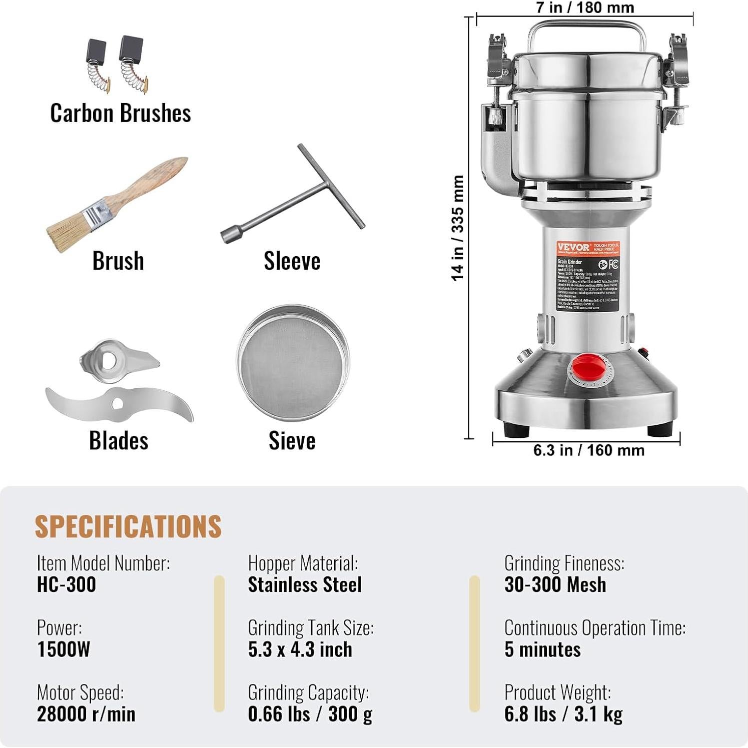 Molinillo de Granos Eléctrico VEVOR 300g Acero Inoxidable 1500W
