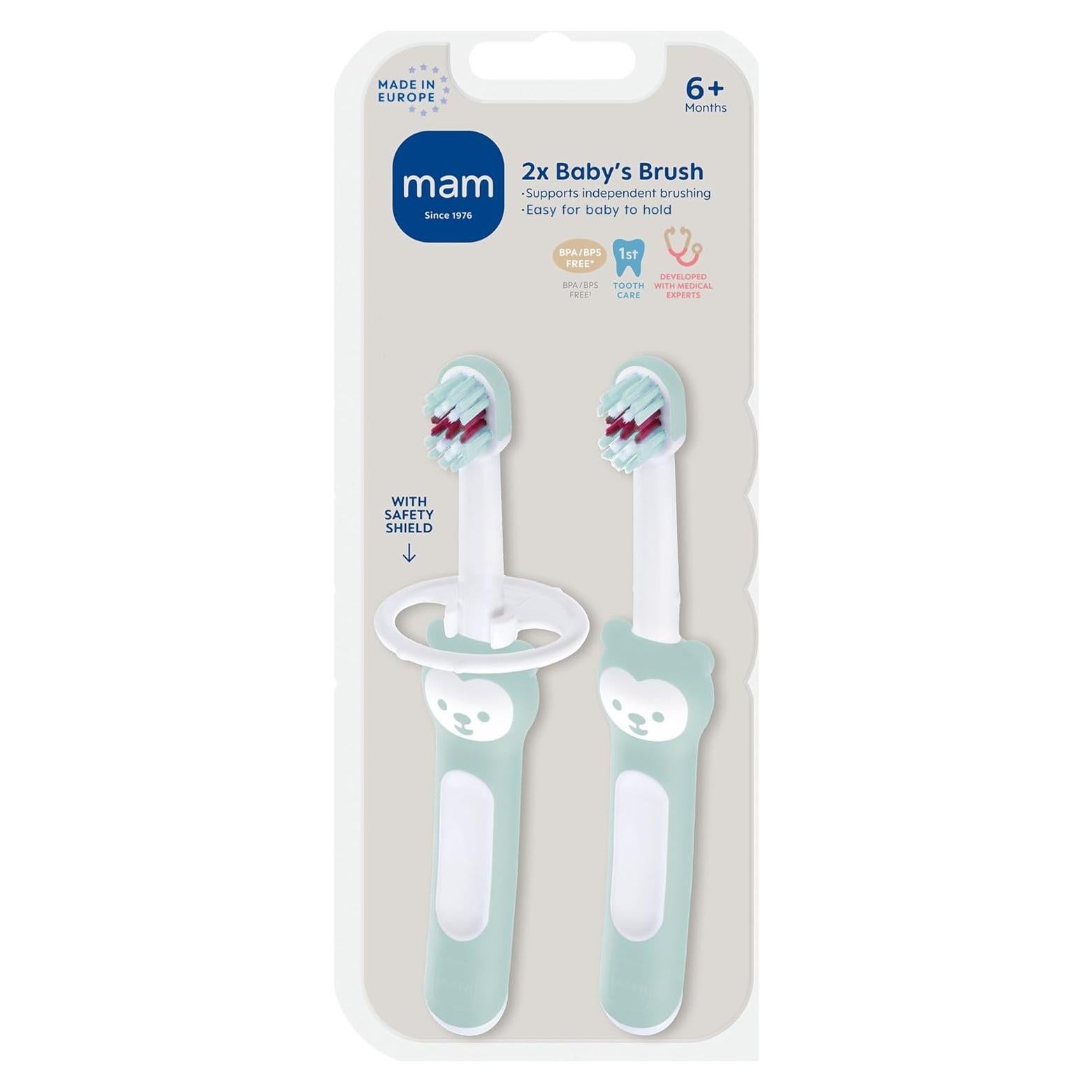Cepillos de Dientes MAM para Bebés 6+ Meses con Escudo Seguridad