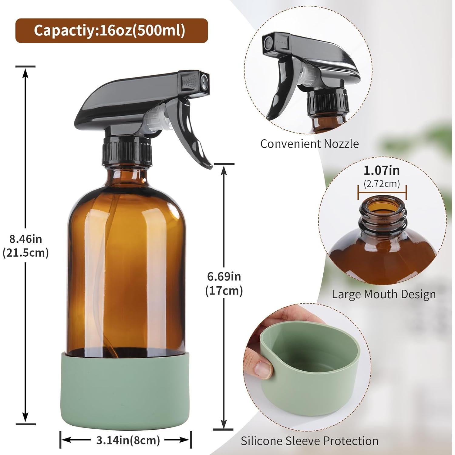 Botellas de Spray de Vidrio Ámbar HOMBYS 16 oz con Silicona - Paquete de 2