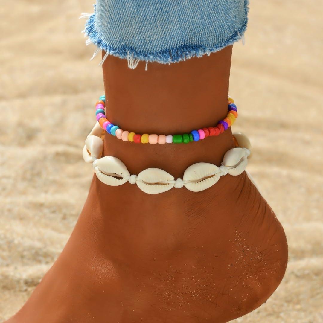 Pulseras de Tobillo Ajustables Boho Playa con Conchas - Set 2 Pcs
