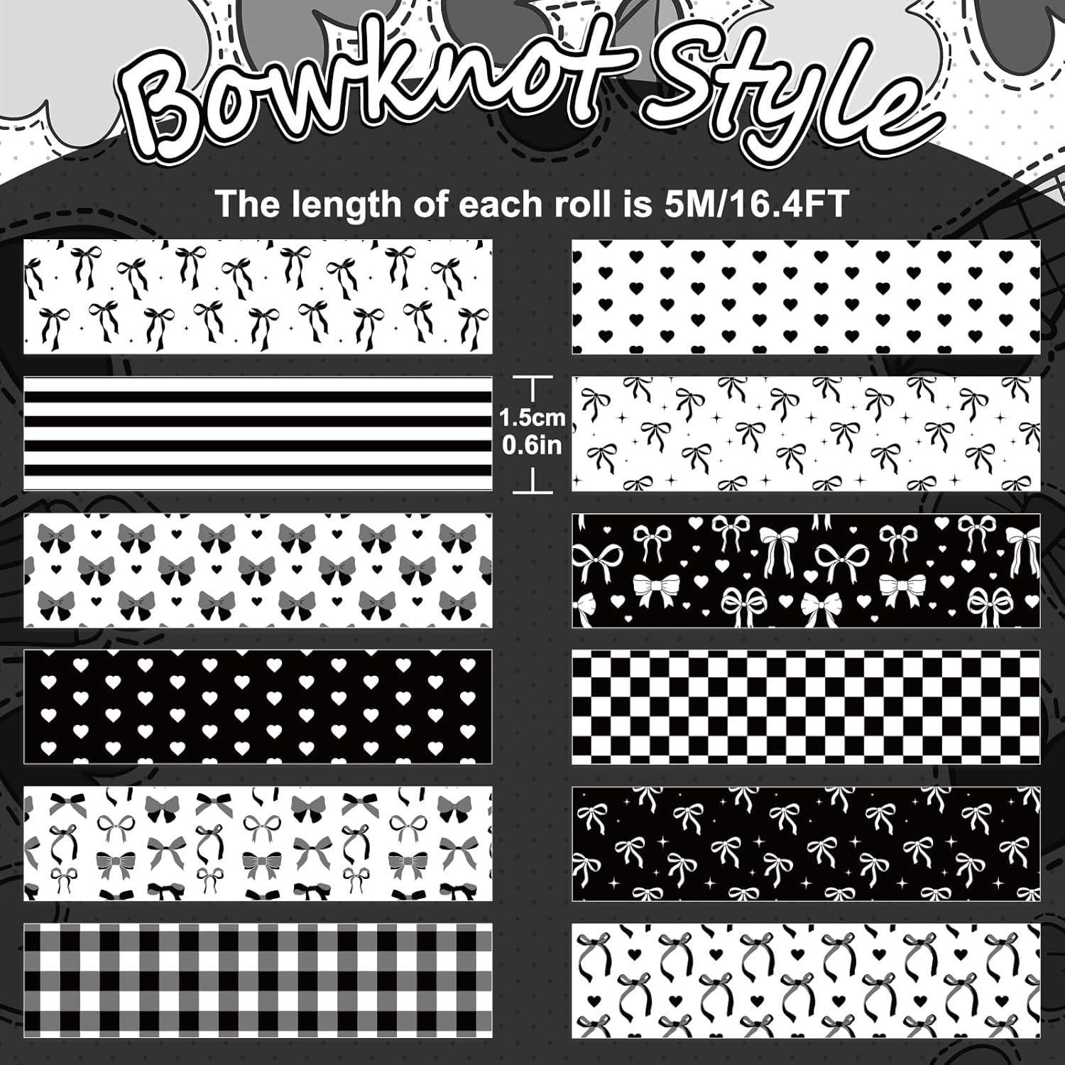 12 Rollos Cinta Washi Negra FYSUIMU 1.52 cm x 5 m Decorativa