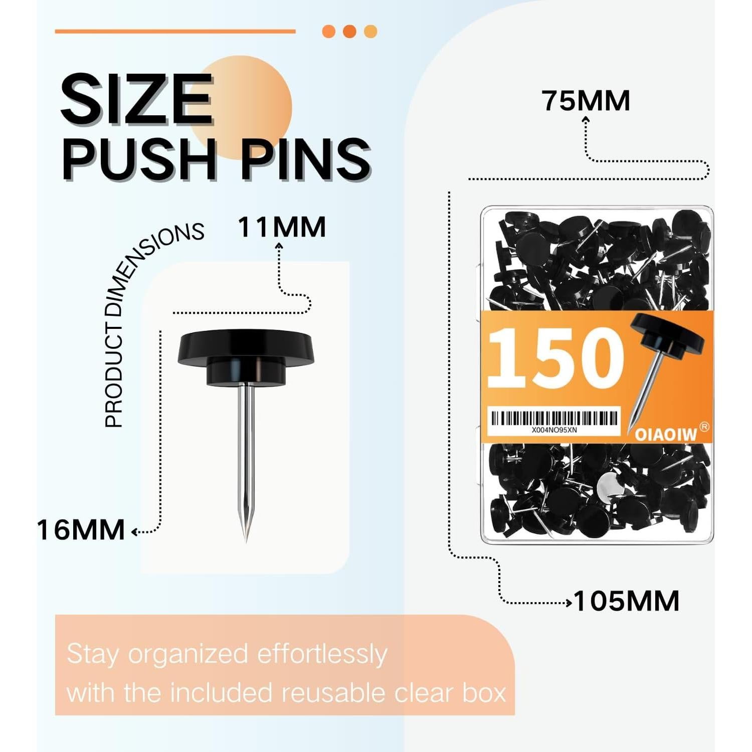 150 Chinchetas Planas Negras para Tableros de Anuncios 67.6g