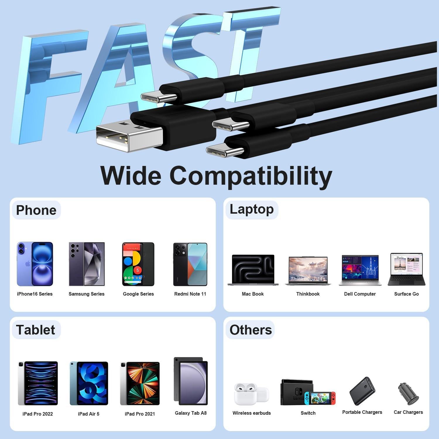 Cable de Carga Rápida USB C 60W 4-Pack para iPhone 16/15 Pro Max - Negro