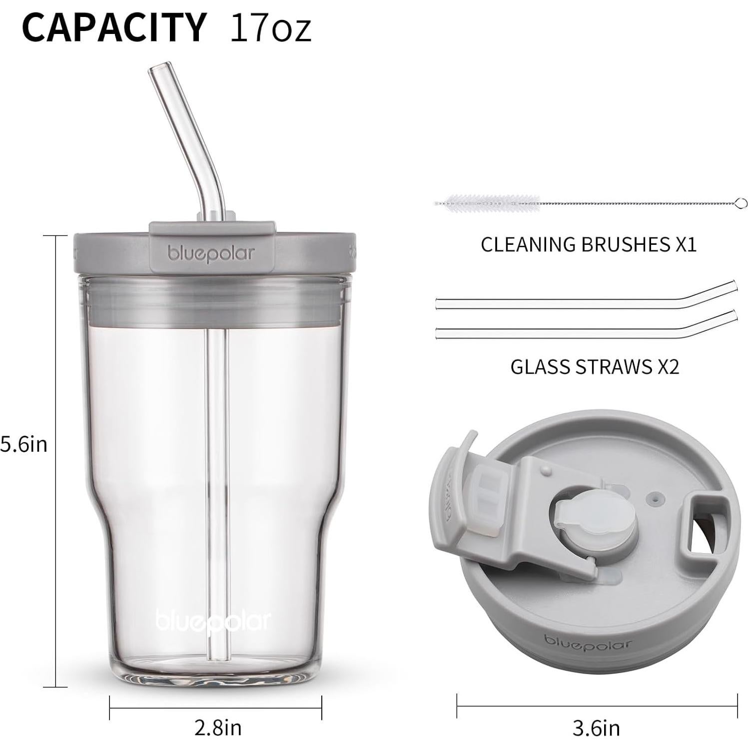 Taza de vidrio BLUEPOLAR 500ml con tapa y popote a prueba de fugas