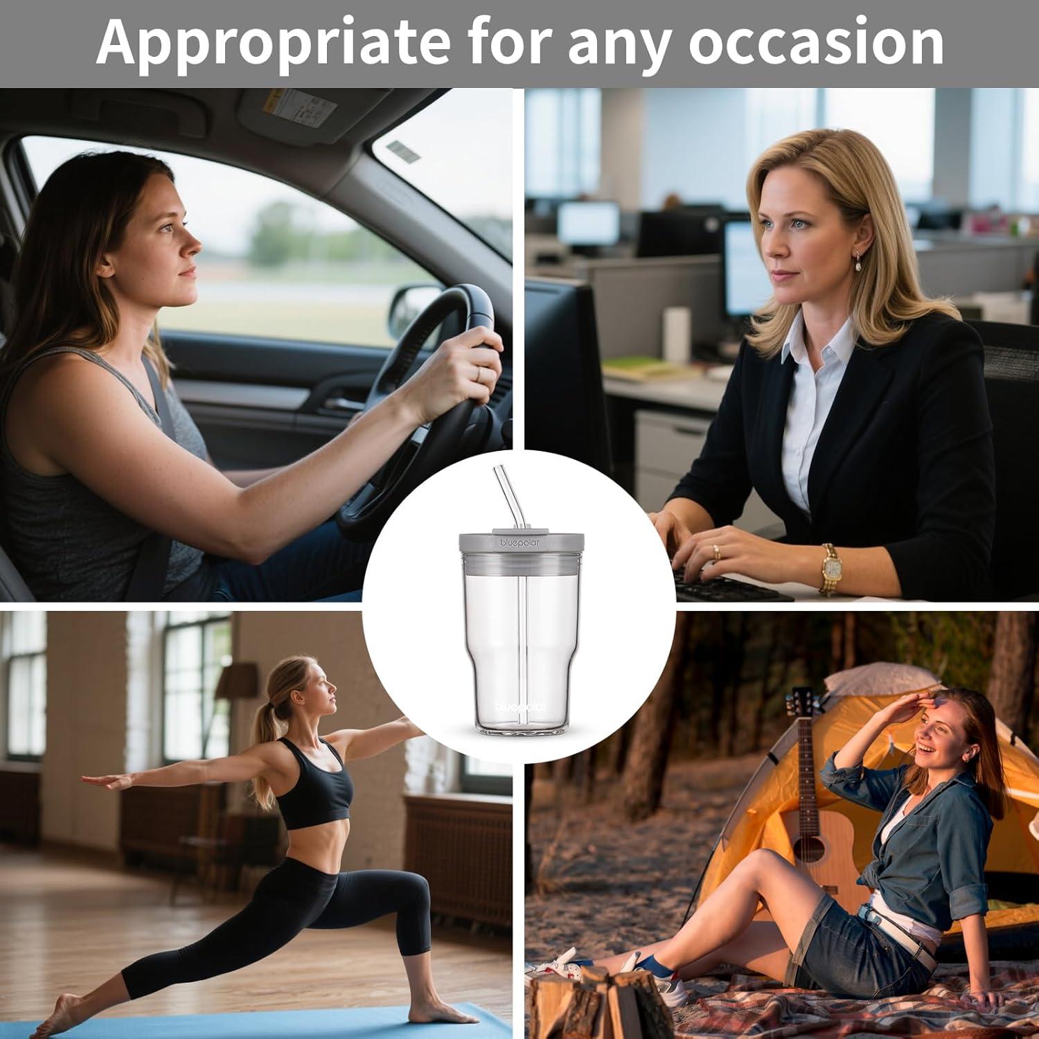 Taza de vidrio BLUEPOLAR 500ml con tapa y popote a prueba de fugas