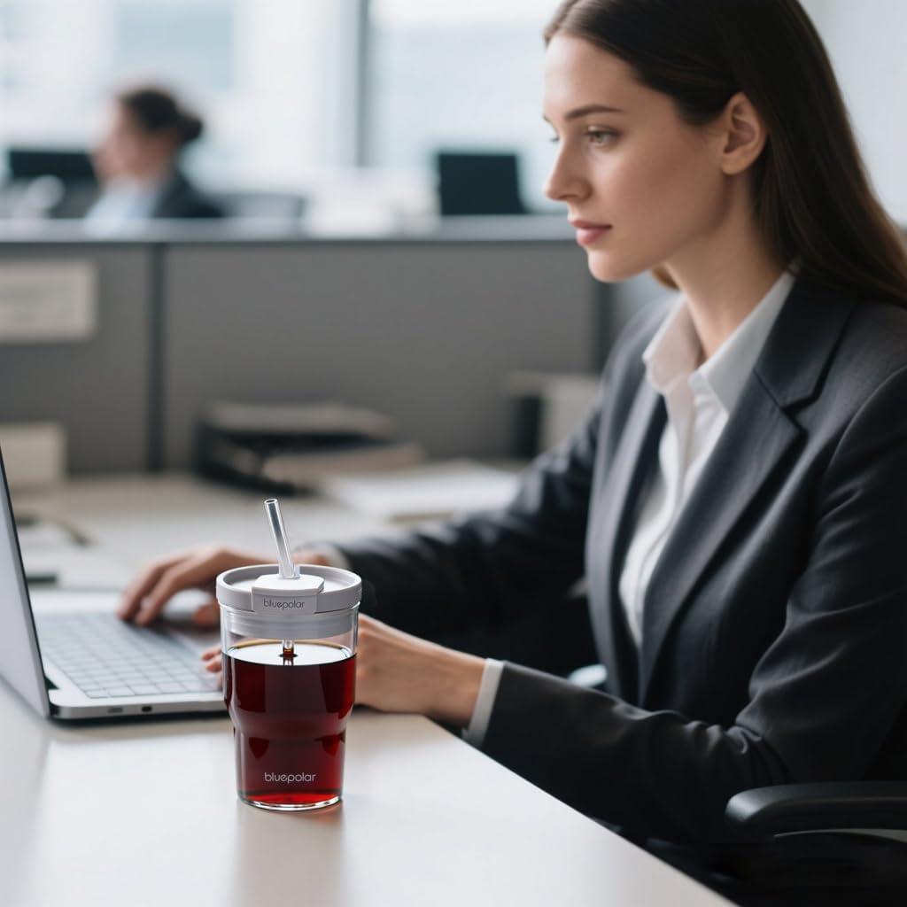 Taza de vidrio BLUEPOLAR 500ml con tapa y popote a prueba de fugas