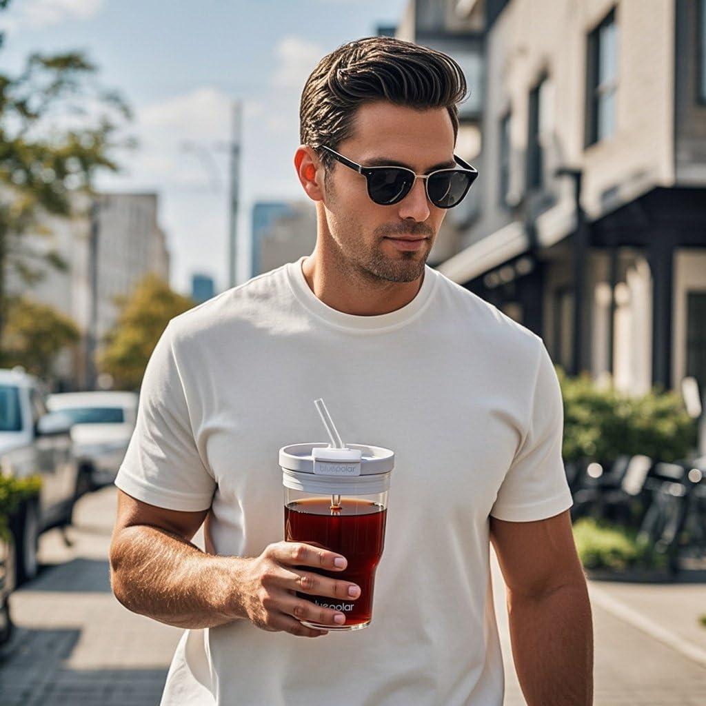 Taza de vidrio BLUEPOLAR 500ml con tapa y popote a prueba de fugas