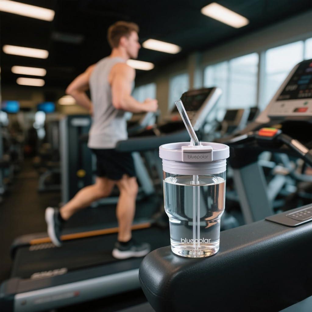Taza de vidrio BLUEPOLAR 500ml con tapa y popote a prueba de fugas