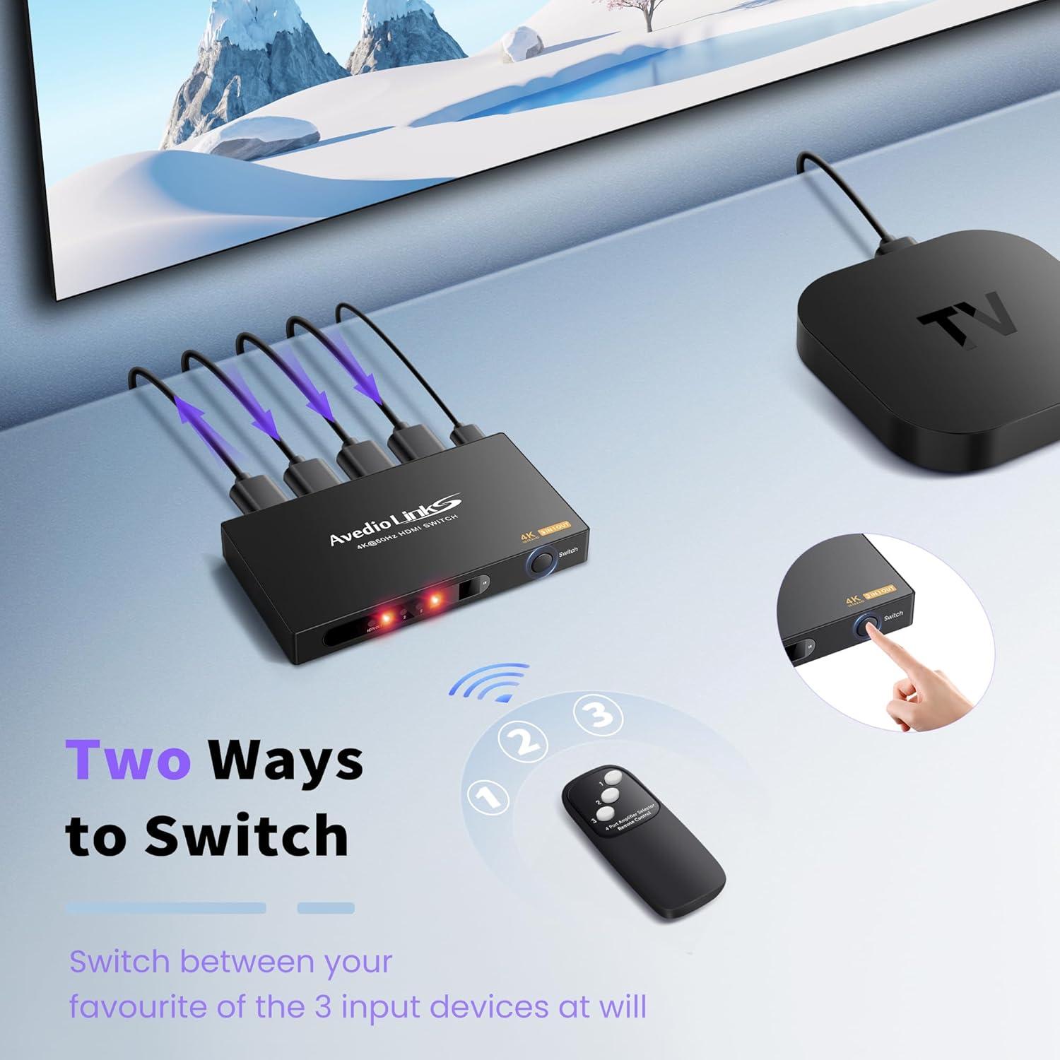 Conmutador HDMI 3 en 1 Avedio Links 4K 60Hz con Control Remoto