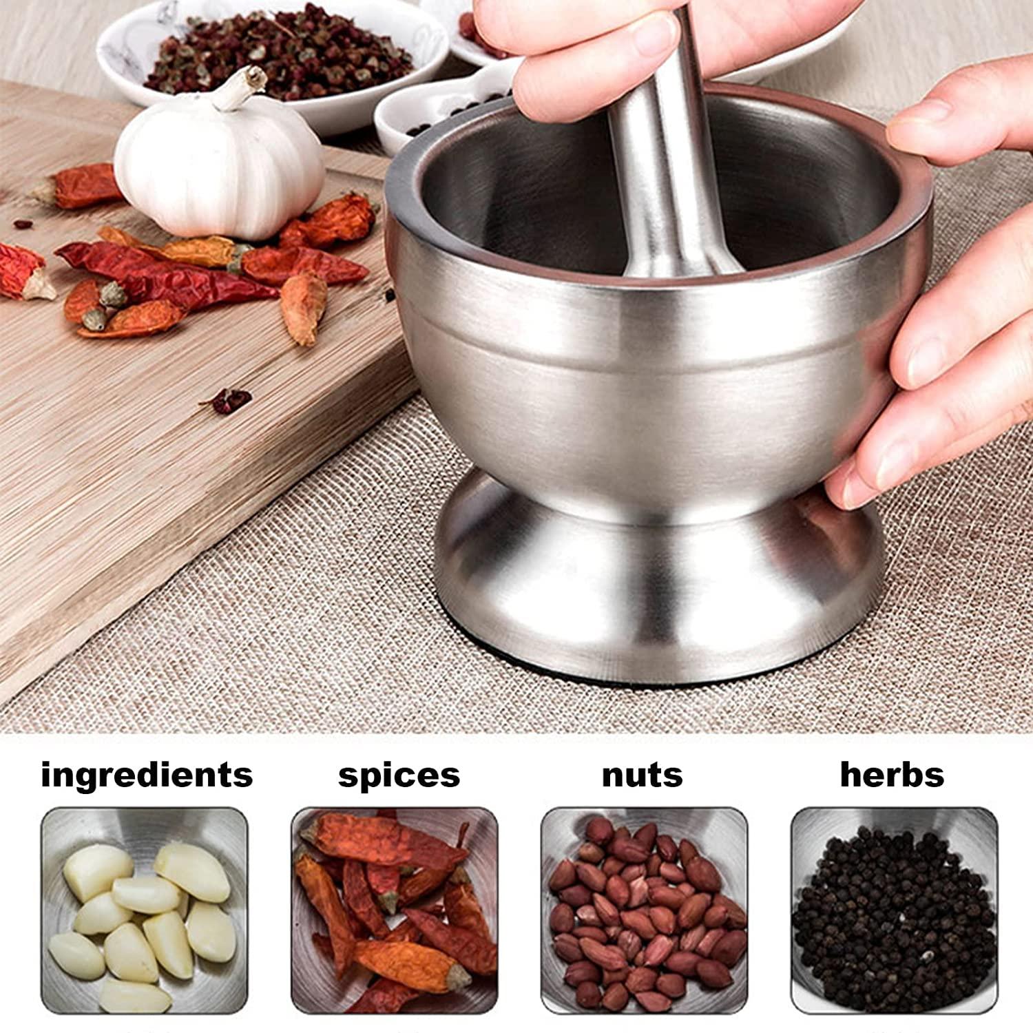 Mortero y mano de acero inoxidable pequeño para especias y pastillas